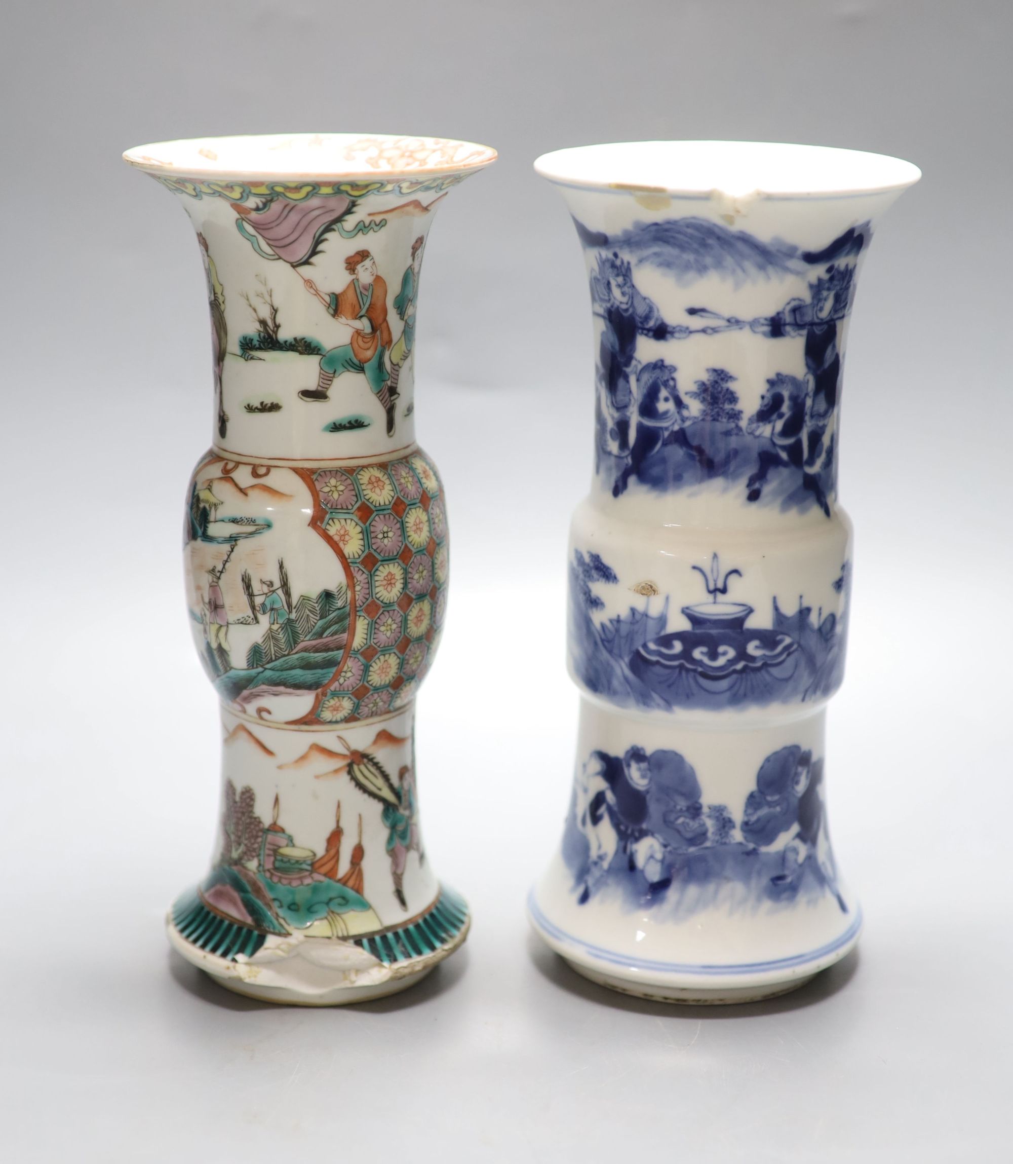 A Chinese blue and white beaker vase, together with a similar famille verte beaker vase, both c.1900, tallest 25.5cm